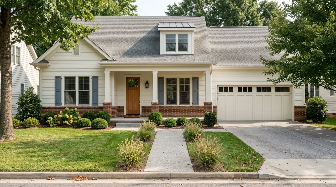 Clapboard-and-brick suburban house with a front lawn, driveway, porch, and overhanging tree canopy.