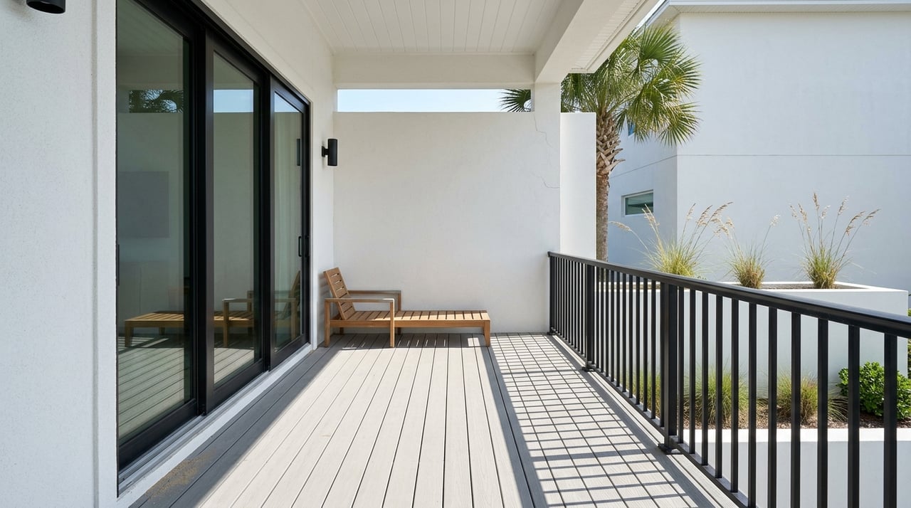 Upper balcony outdoor room with white stucco, black railings, a black sliding door, and dune grasses.