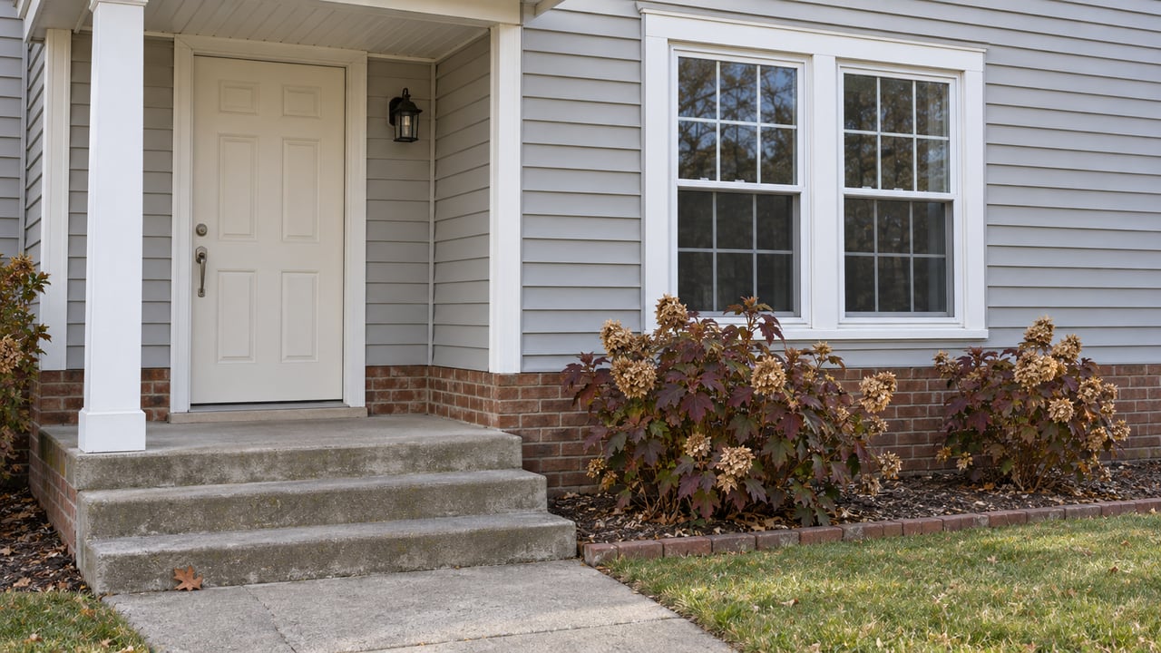 Light-gray sided home with a small covered entry, paired white windows, brick foundation and autumn oakleaf hydrangeas beside concrete steps.