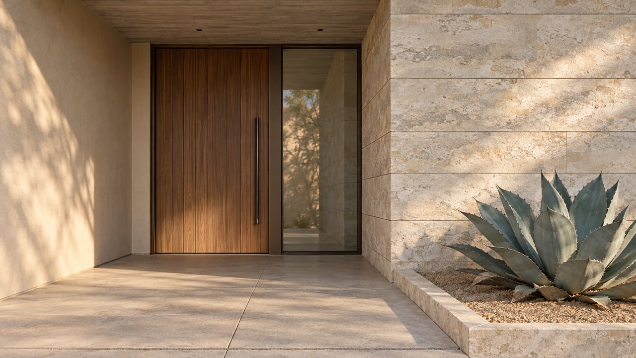 Close view of a recessed wood entry door, bronze-framed sidelight and limestone pier beside a blue-grey agave in a curbed gravel bed.