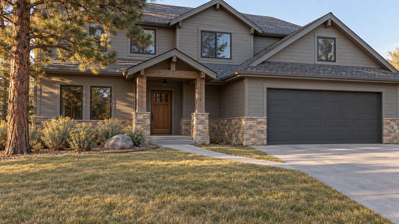 Two-story gray-sided home with sandstone accents, a covered timber entry, broad driveway and autumn lawn beneath a mature ponderosa pine.