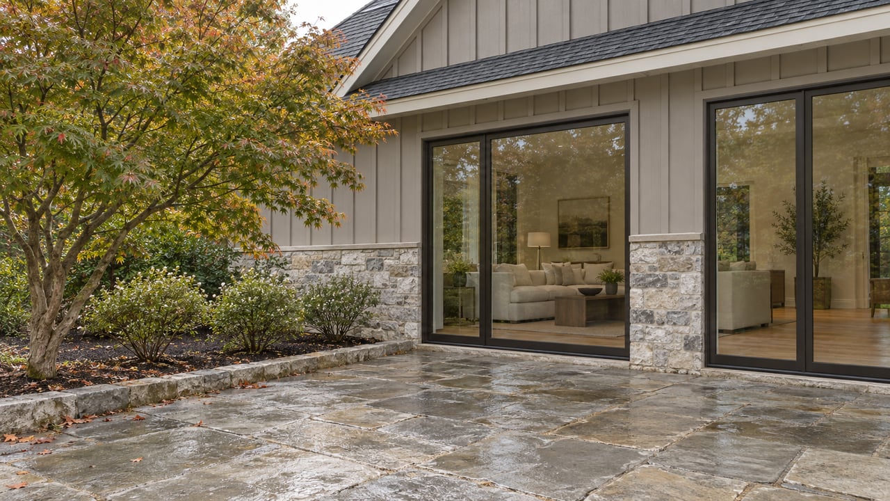 Limestone terrace beside a stone-and-taupe house, with glass doors and a sculptural maple by the planting bed.