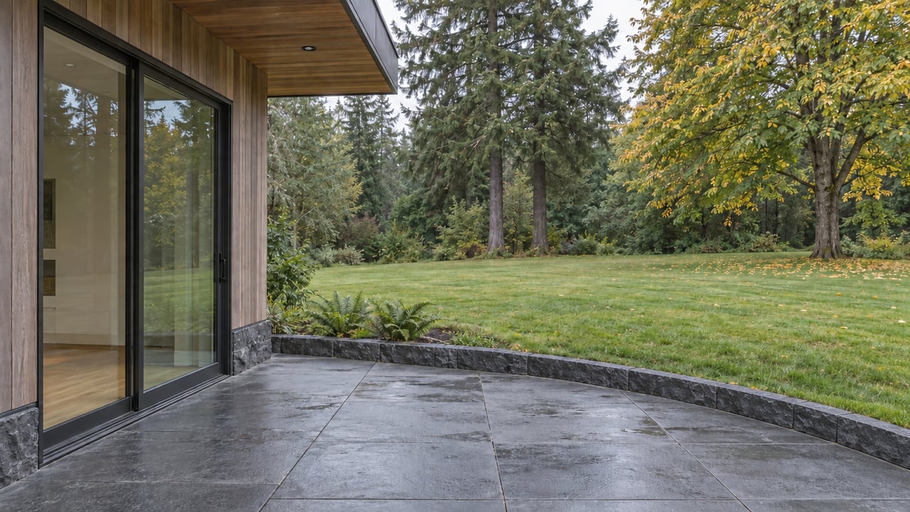 Wet dark patio slabs bordered by rough-cut basalt beside a cedar-clad house and green lawn.