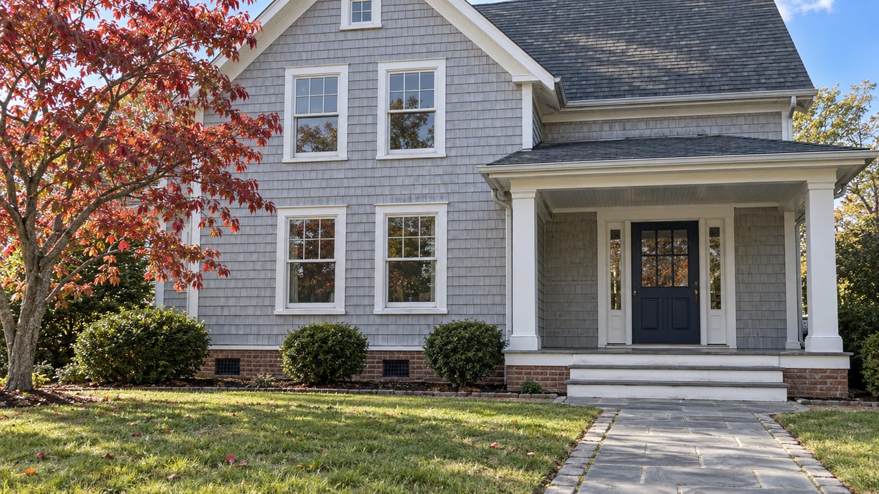 Gray shingled house with white-trimmed windows, a covered entrance, bluestone approach and a red-leaved dogwood.