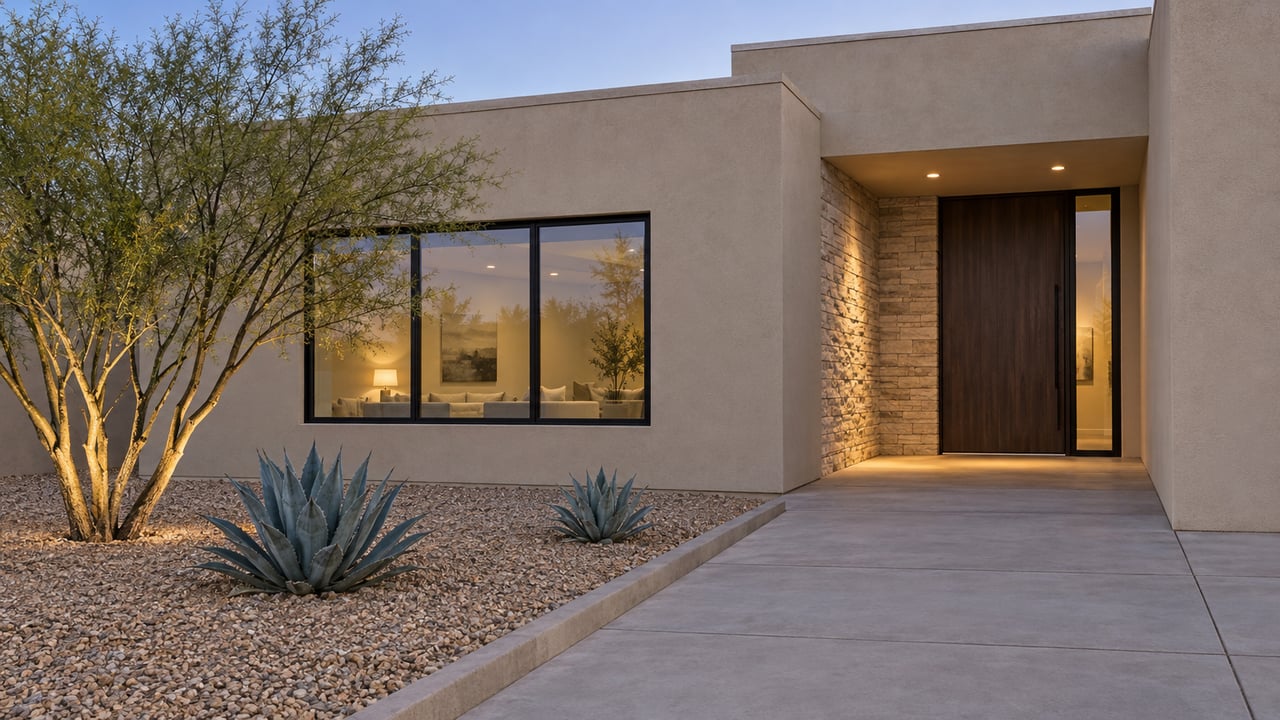 Desert-modern home at twilight with sand stucco, limestone entry, closed wood door and sculptural desert planting.