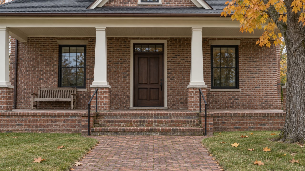 Red-brown brick home with a broad ivory-columned porch, oak front door, brick approach and orange-gold maple canopy.