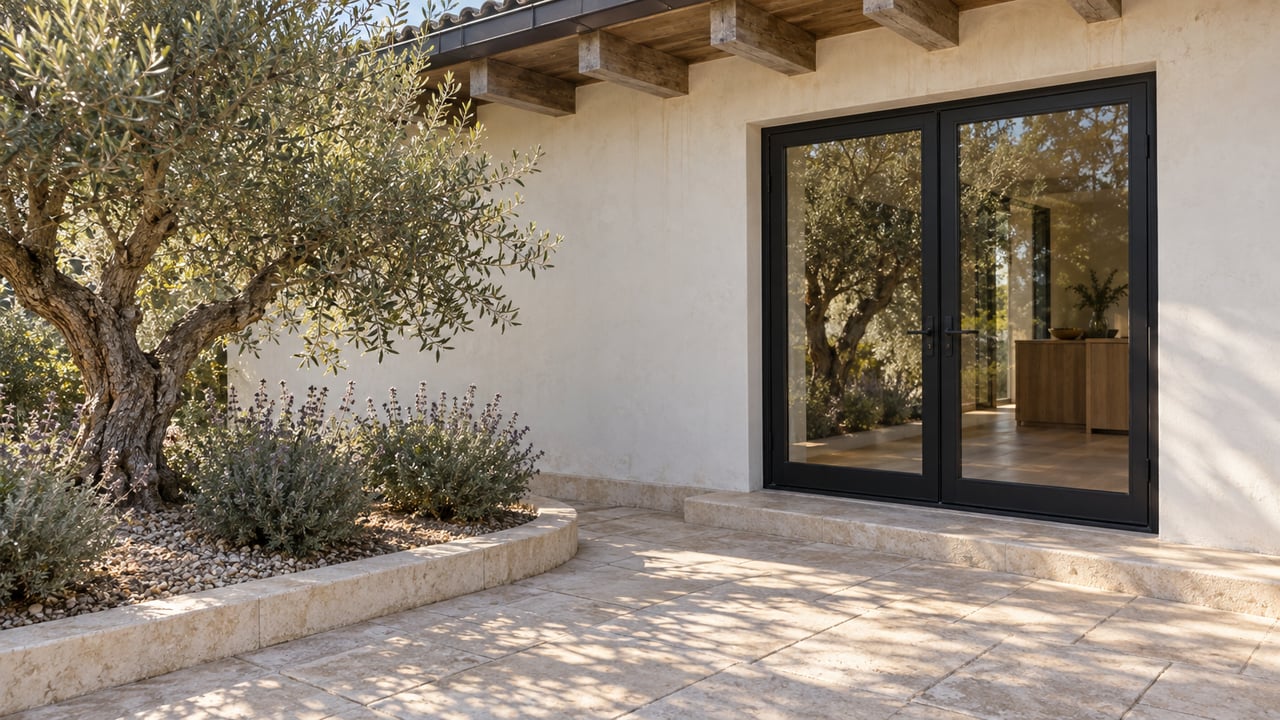 Low-angle view of a plaster-and-timber residence beside a mature olive tree, with closed black-framed glass doors and a limestone garden terrace.