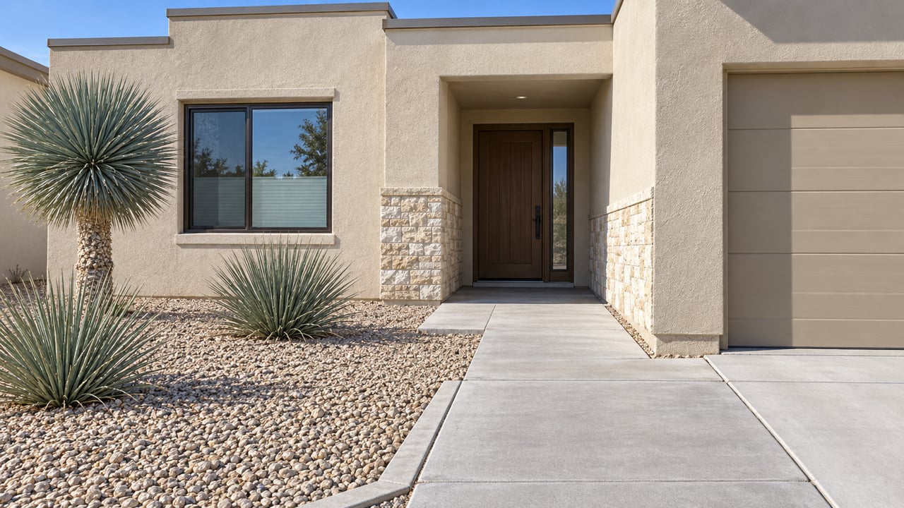 Ivory stucco home with a shaded recessed entrance, concrete approach, gravel beds and three sculptural desert plants.