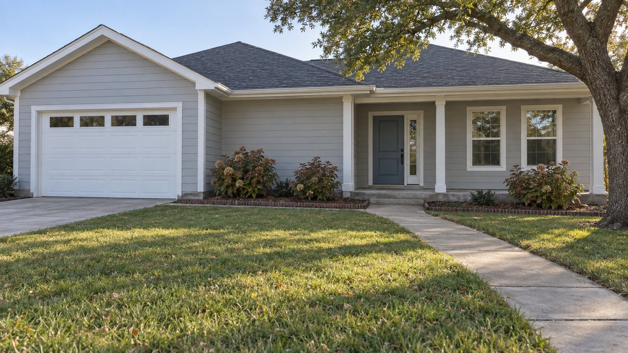 Gray single-story home with a two-car garage, covered entry, and walkway through the front lawn.
