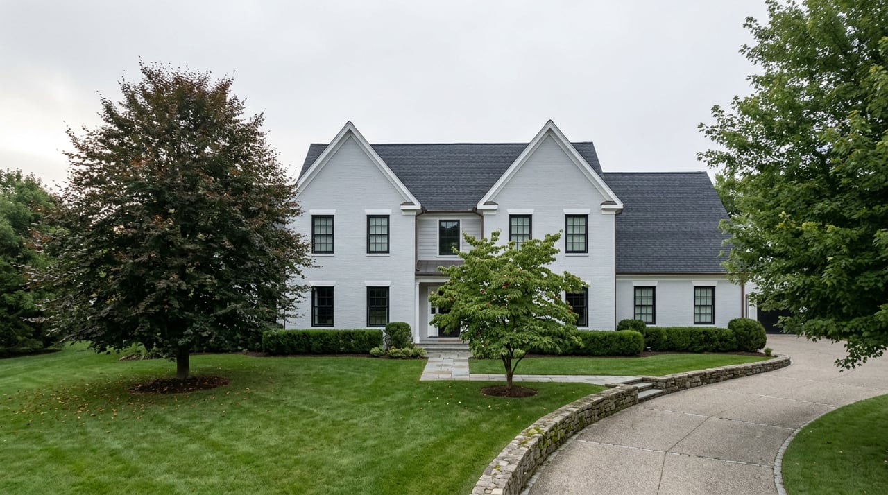 Dove-gray brick home with twin gables, framed by a copper beech above a broad lawn and fieldstone wall.