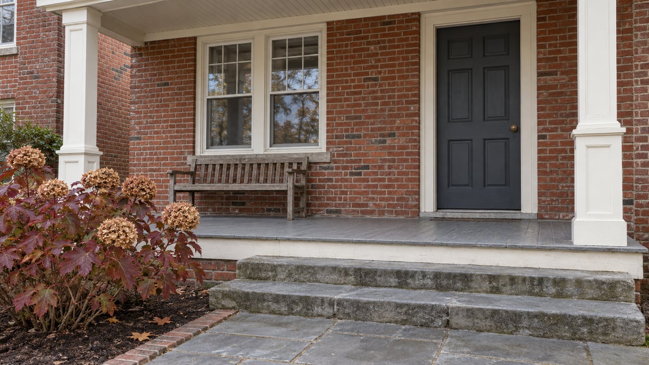 A brick home's covered front porch with white wood posts, a charcoal door, traditional windows and stone steps beside an autumn oakleaf hydrangea.