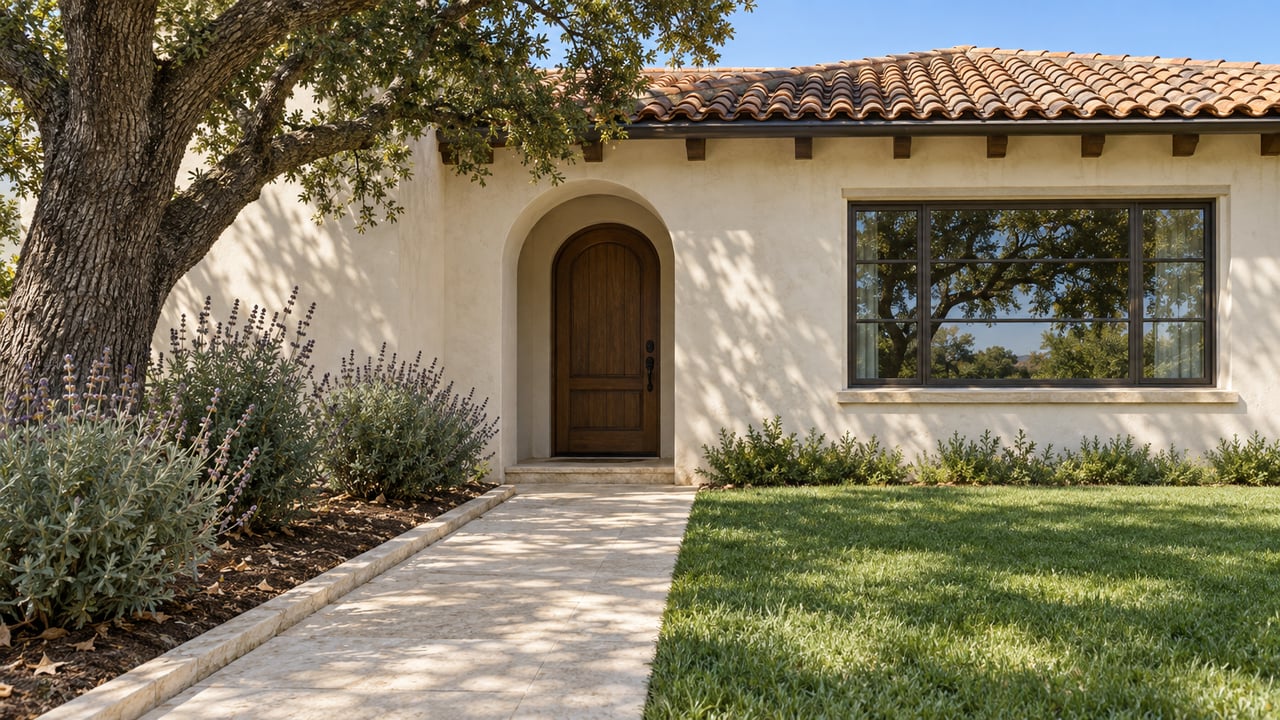 Cream stucco home with a terracotta tile roof, recessed oak entry door and limestone walk beside a mature oak and sage planting.