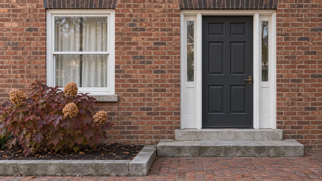 A russet brick home with a charcoal door, white-trimmed window, worn limestone steps and a burgundy-leaved oakleaf hydrangea.