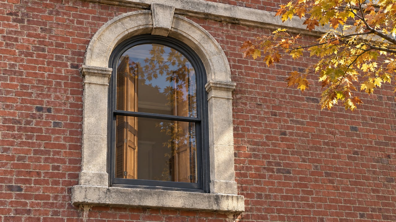 Arched townhouse sash window framed by weathered limestone and red brick, with amber maple leaves at the edge.
