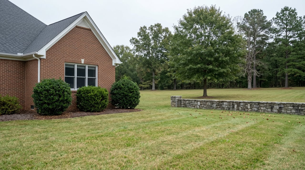 Brick home beside a broad lawn, low stone garden wall, and mature tree line.