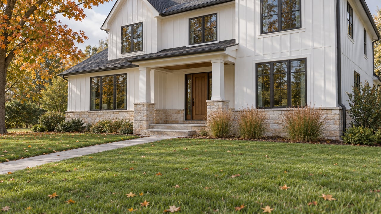 Two-story white home with a recessed oak door, limestone porch, diagonal walk, and amber maple canopy.