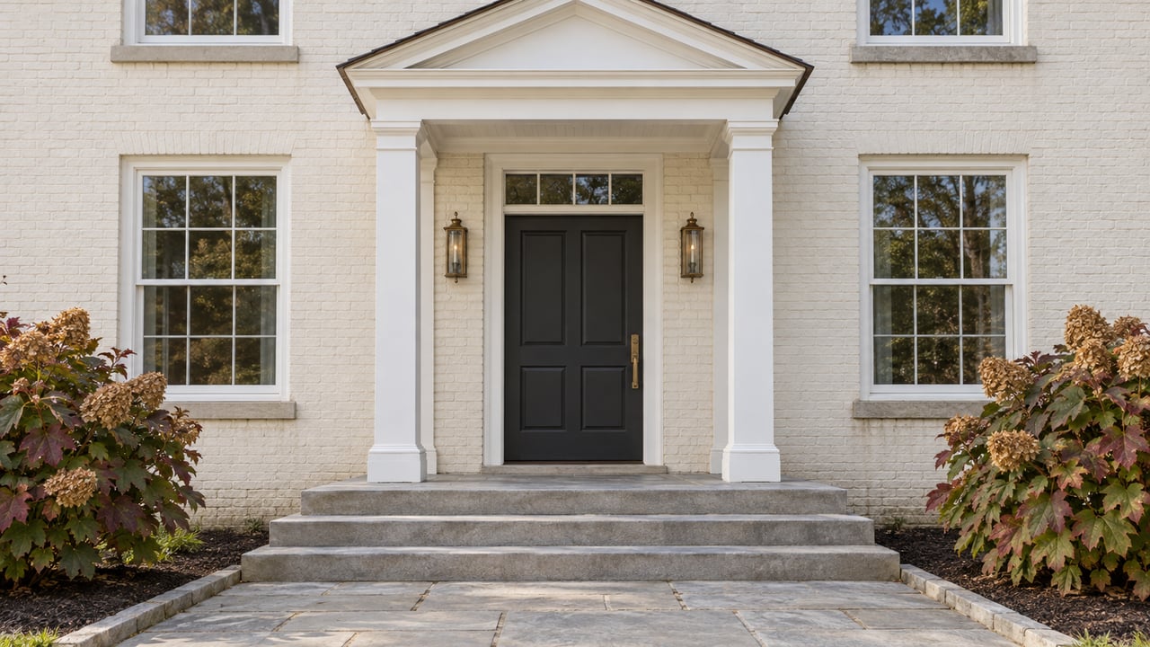 Ivory painted-brick home entrance with a white timber portico, charcoal door, limestone steps and two oakleaf hydrangeas in autumn color.