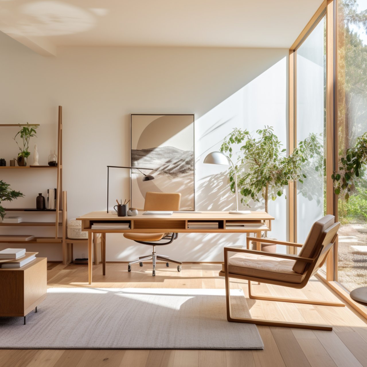 Sunlit home office with a wooden desk, floor-to-ceiling windows, and leafy plants.