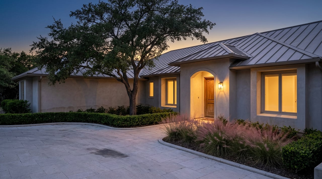 Ivory stucco home with a lit arched entry, glowing windows, limestone approach, and oak canopy at dusk.