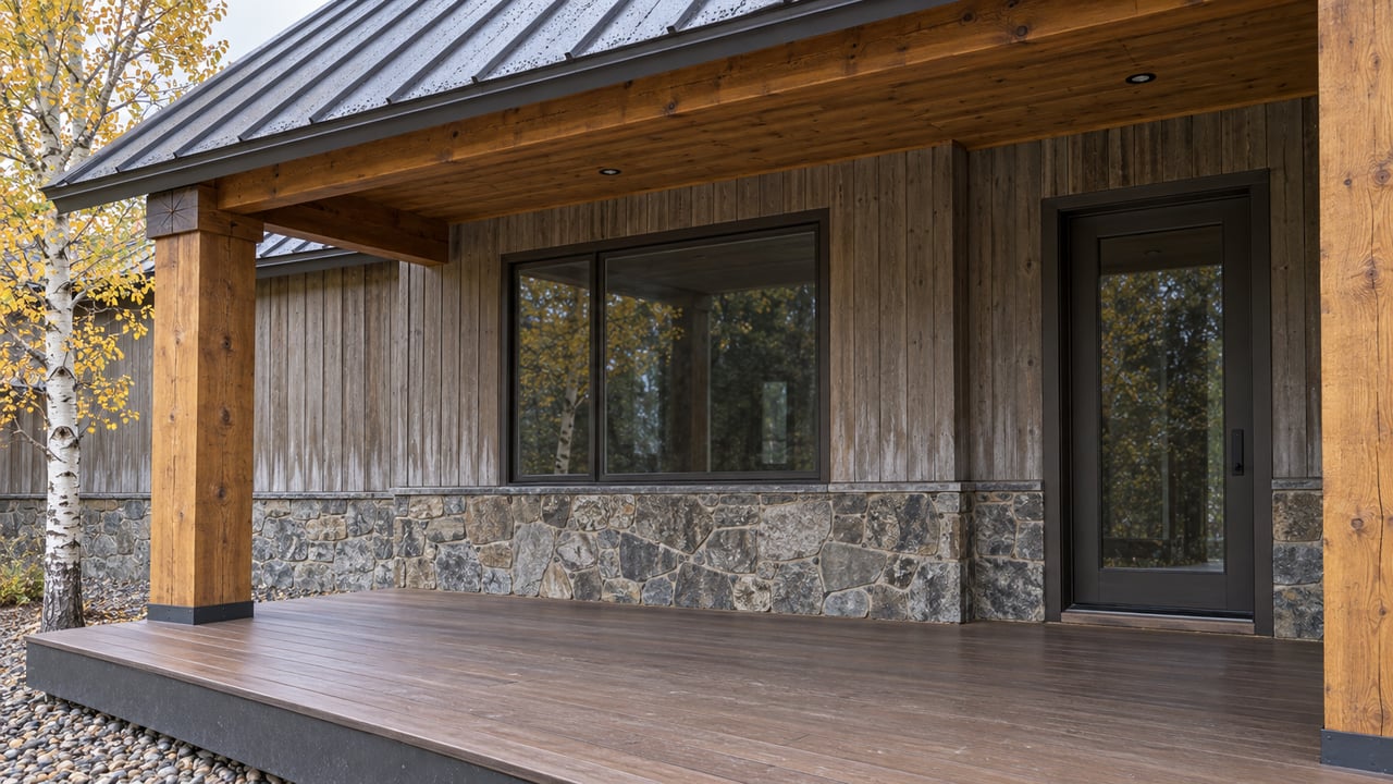 Covered timber porch with wood siding, a stone base, bronze-framed glazing, and a gold-leaved aspen beside the entry.
