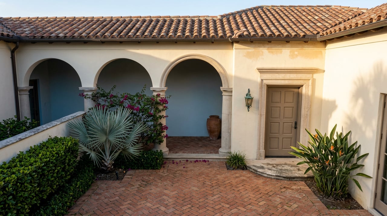 Courtyard entry with an arched loggia, paneled door, terracotta roof tiles, and magenta bougainvillea.