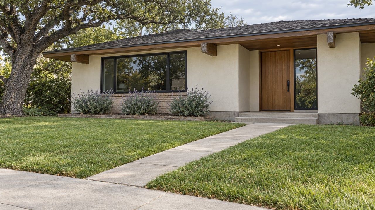 Single-story ivory stucco home with broad timber eaves, black-framed windows and a deep lawn beneath a mature oak.
