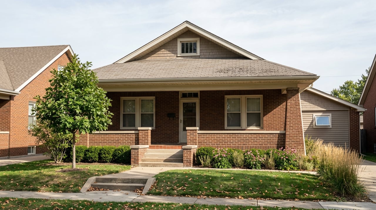 Red-brown brick bungalow with a raised porch, compact lawn, mature oak, and attached side garage.