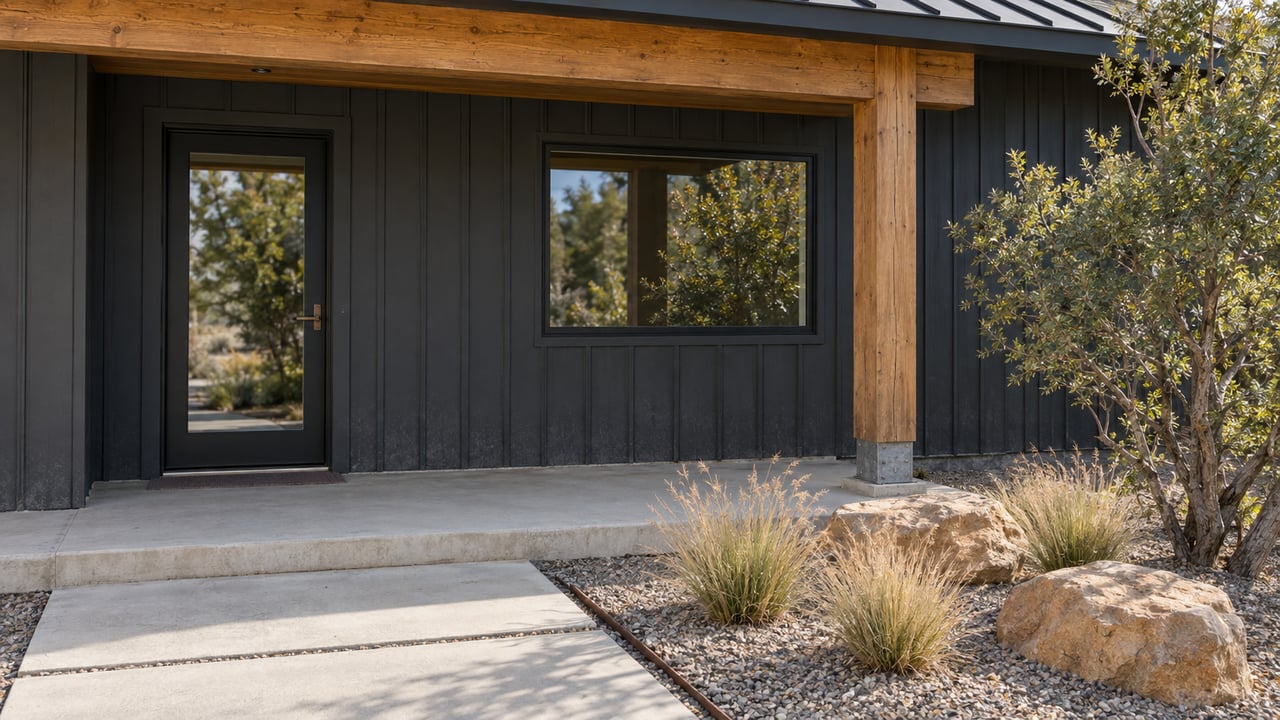 Charcoal-clad home entry with a timber porch, concrete approach and a small gravel garden with sandstone boulders.