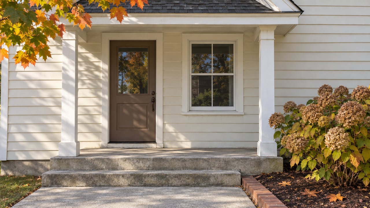 Cream clapboard home with a small gabled porch, concrete front steps, and an autumn hydrangea beside a brick-edged planting bed.