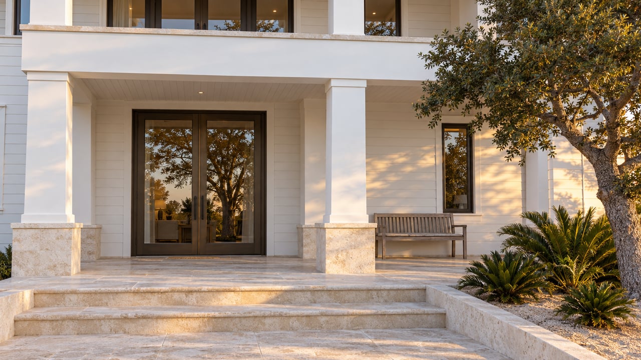 White coastal residence entrance with bronze-framed glass doors, limestone steps, a shaded upper balcony, and a sculptural oak in evening light.