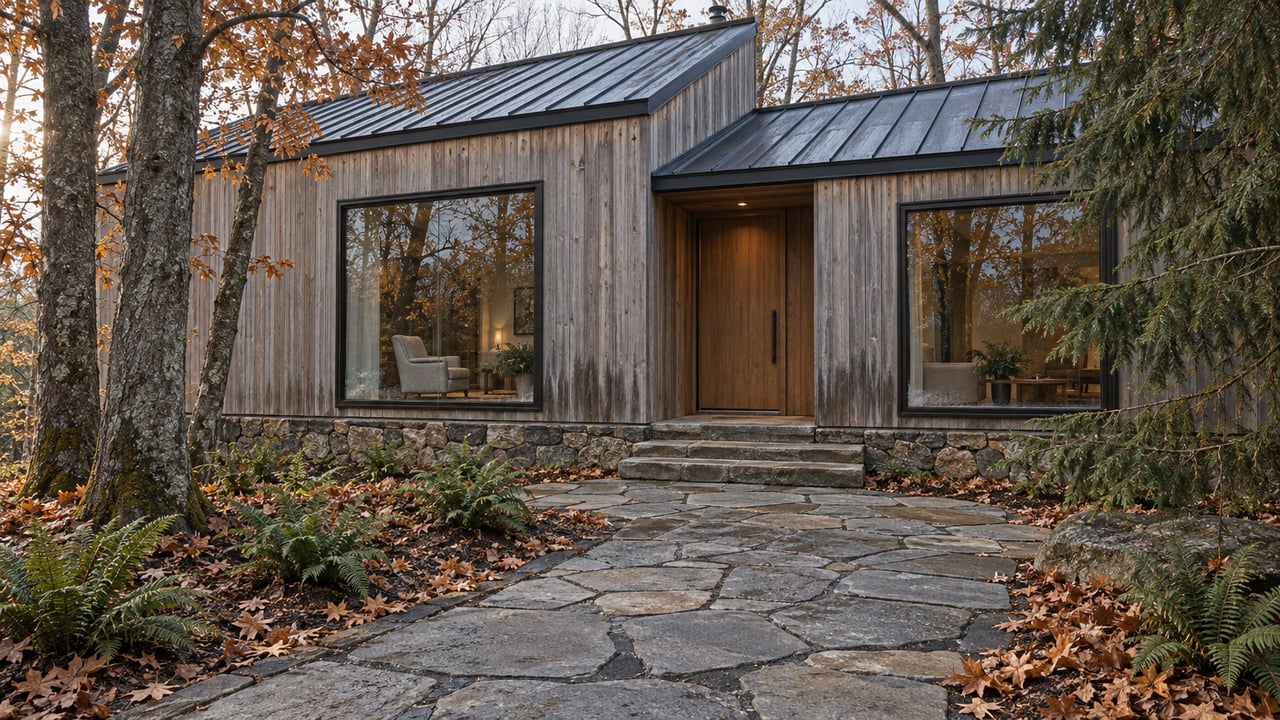 A cedar-clad contemporary home with a charcoal metal roof, stone approach and mostly bare maple trees in soft autumn morning light.