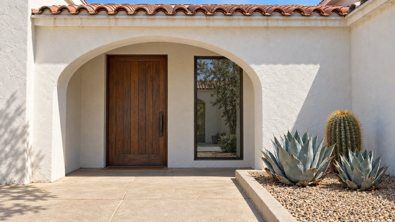 Sunlit white-stucco entry with a clay-tile roof, recessed walnut door, bronze-framed window and agaves in a curbed gravel bed.