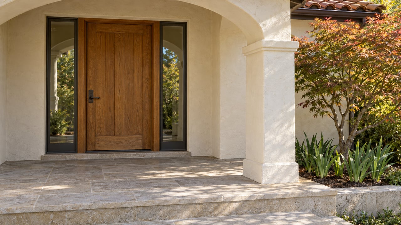 Cream-stucco arched residential entry with an oak door, paired glass sidelights, worn limestone steps and a Japanese maple.