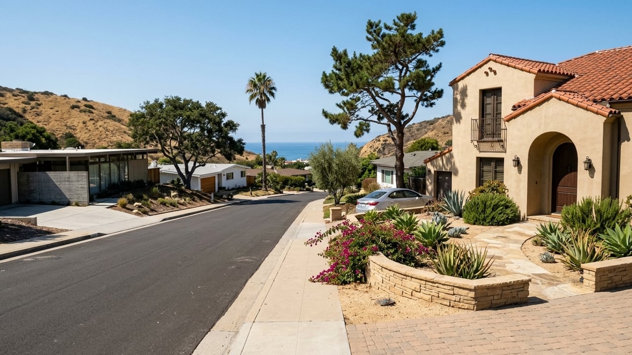 Coastal residential street with Mediterranean-style homes, landscaped frontage, and ocean visible between dry hills.