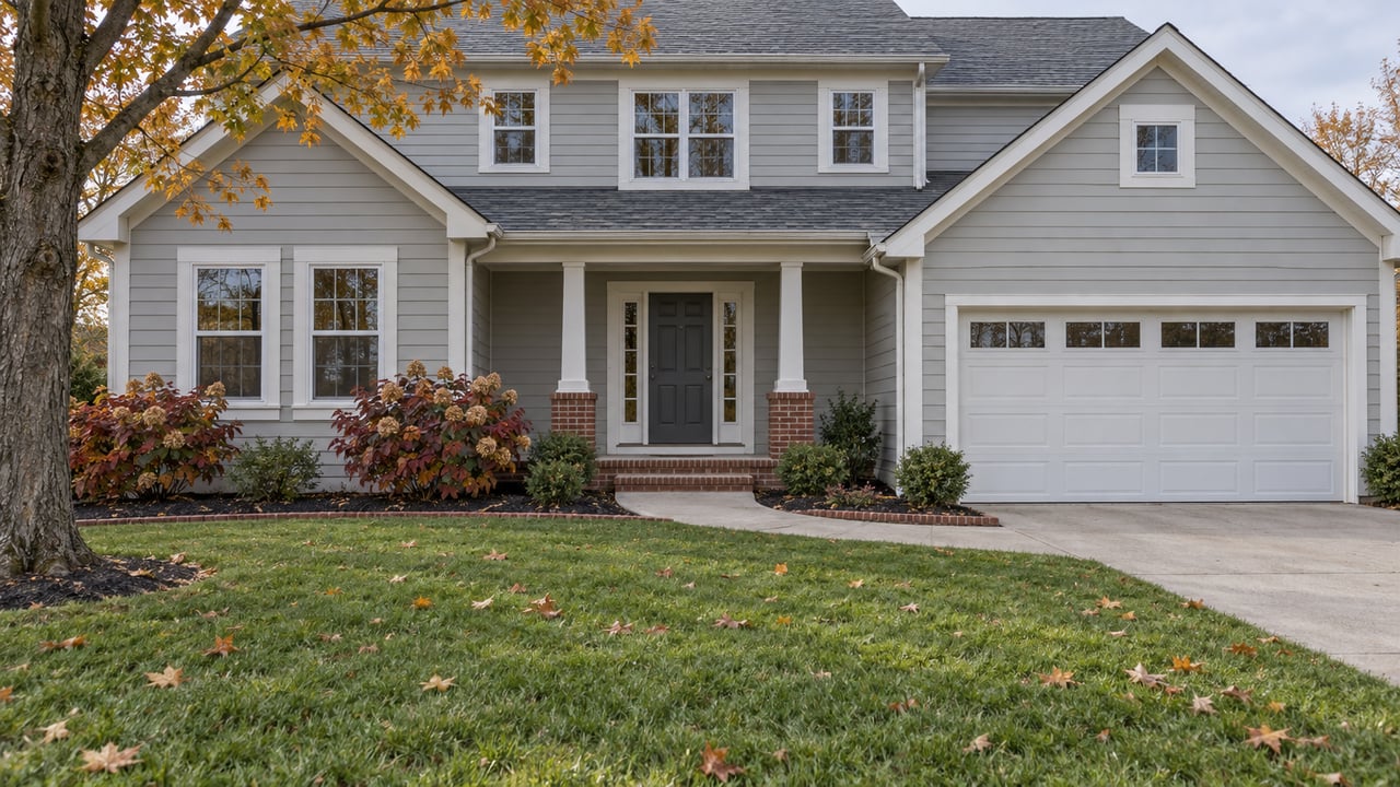 Pale gray gabled home with a deep green front lawn, amber sugar maple, brick porch base, and curved concrete entry walk in soft autumn daylight.