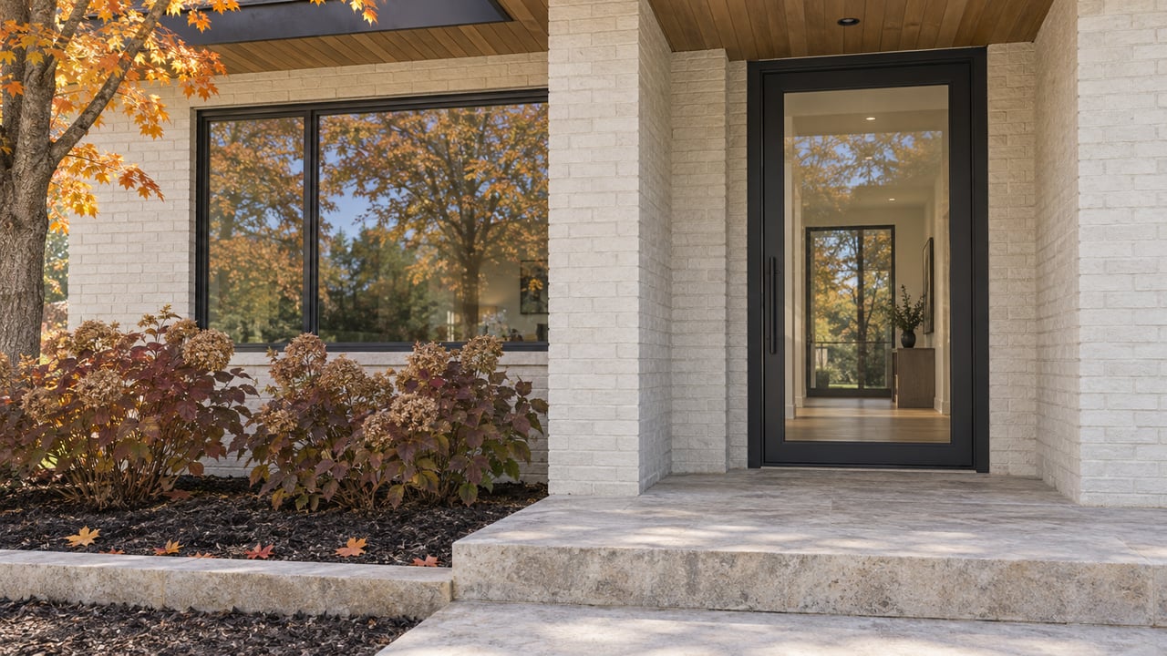 An off-white brick home entry with charcoal-framed glazing, a limestone porch, and orange maple leaves beside burgundy oakleaf hydrangeas.