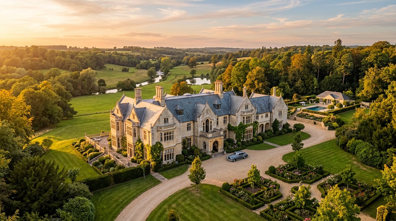Large stone-and-brick estate with a curved driveway and a broad-canopied oak on the lawn.