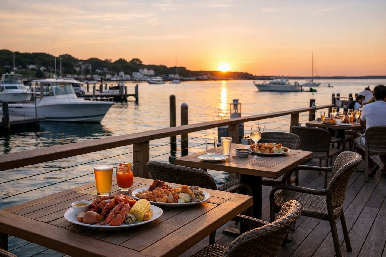 Waterfront dining in Hampton Bays with outdoor tables by the water at sunset