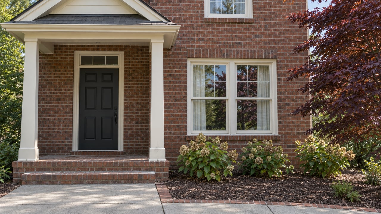 Brick home entrance with ivory porch posts, charcoal front door, paired windows, and established maple and oakleaf hydrangea planting.