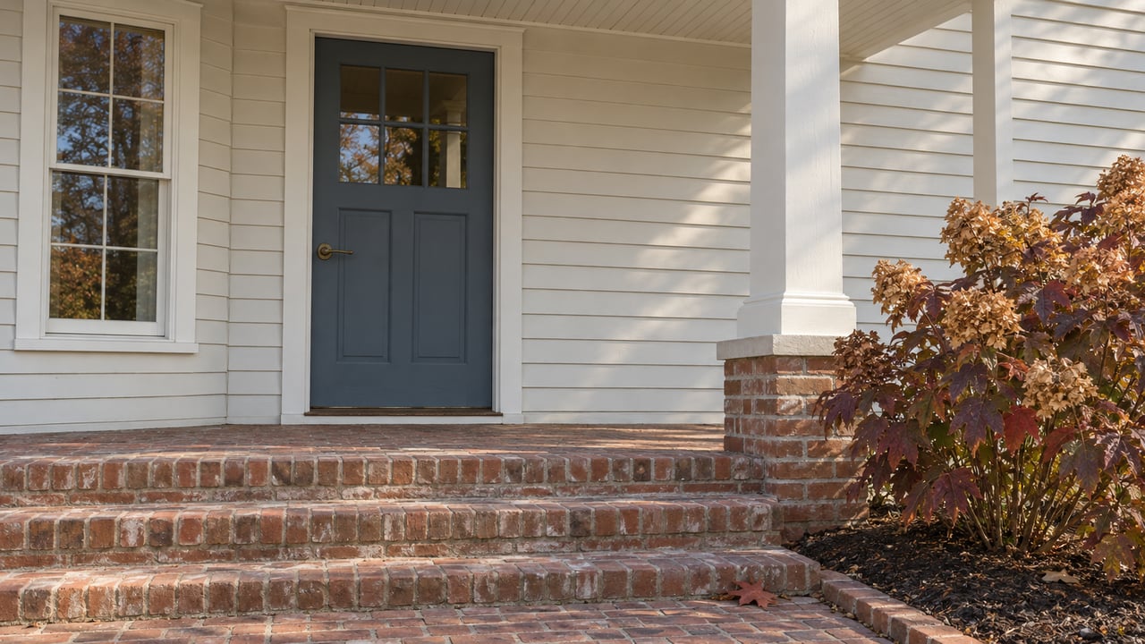 Soft morning sun across a painted clapboard porch, slate-blue glazed door, aged brick steps and burgundy oakleaf hydrangea.