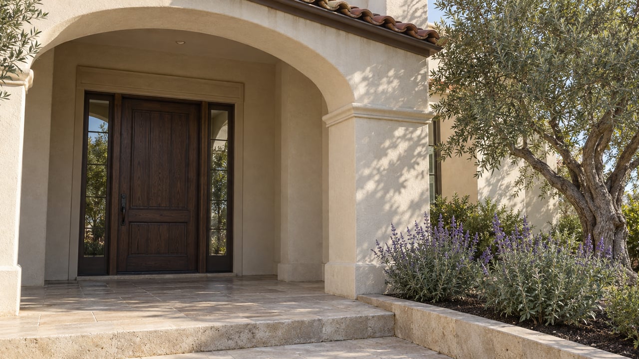 Sunlight on an ivory stucco arch, a recessed oak front door, limestone steps and a silver-leaved olive tree.