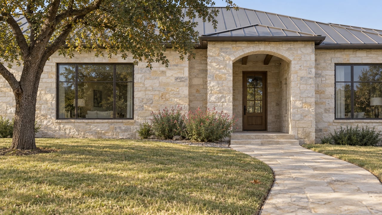 Limestone home with a metal roof, arched timber entry, broad autumn lawn and a curving stone approach beneath a mature oak.