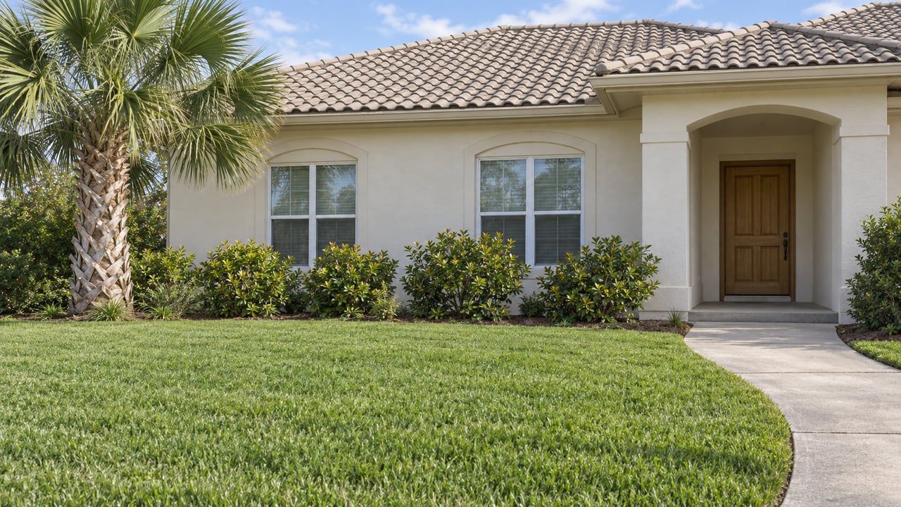 Cream stucco home with a gray tile hip roof, arched entry, curved concrete walk, and deep green front lawn.