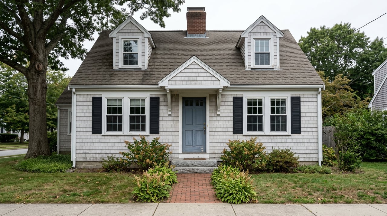 Cape Cod house with weathered white shingles, blue door, dormers, brick walk, and oak tree.