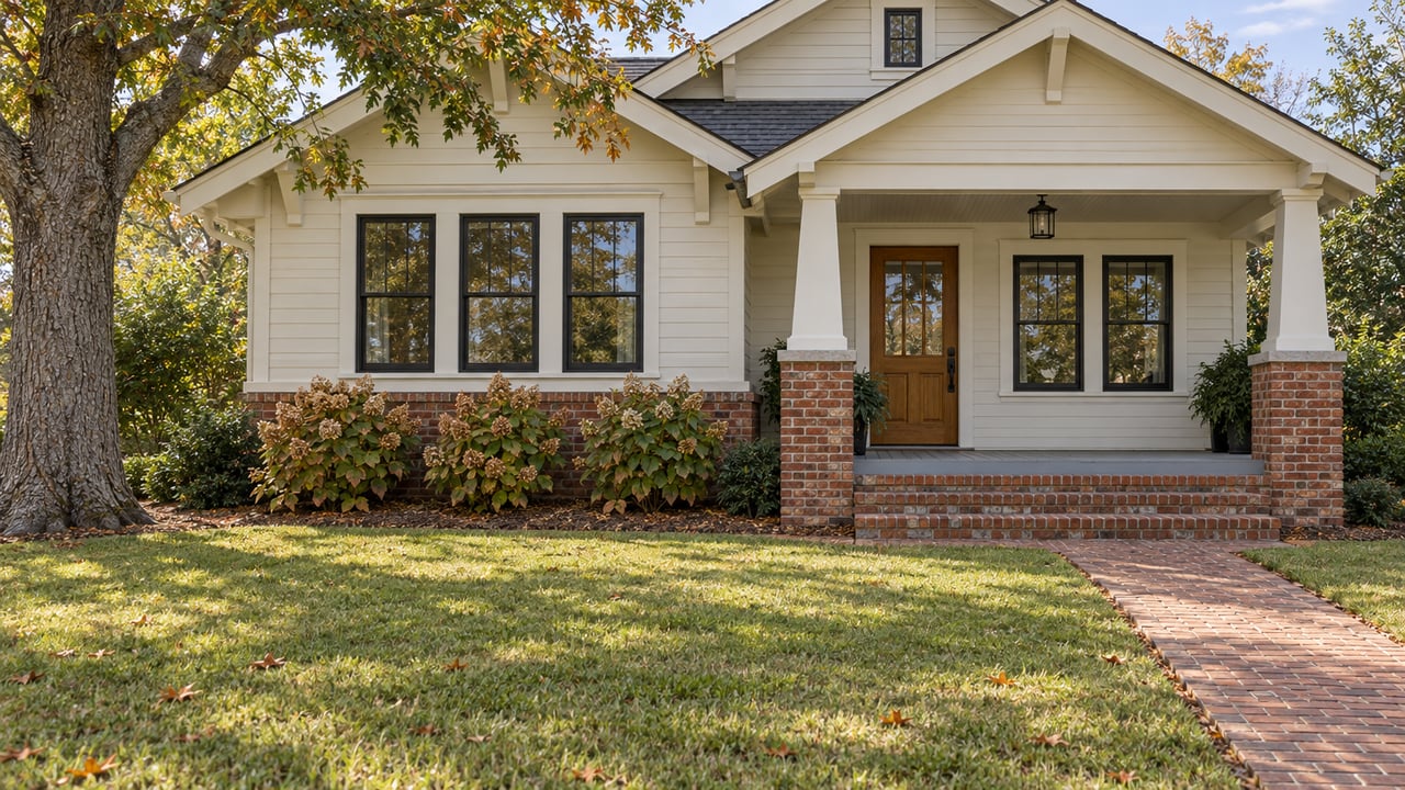 Ivory Craftsman home with a brick foundation, raised front porch and deep autumn lawn beneath a mature oak.