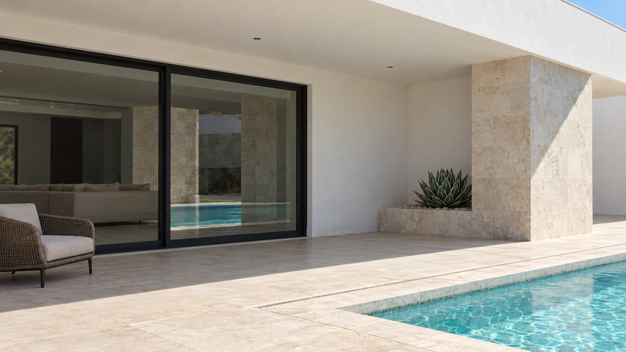 Low view across a shaded limestone terrace toward closed black-framed glass, a pale stone pier, and a sunlit pool corner.