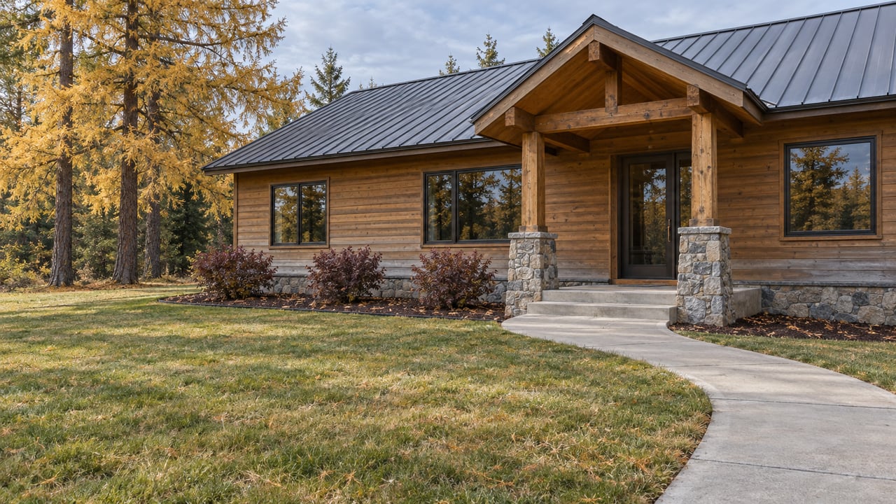 Cedar-sided home with a metal roof and timber porch across a broad autumn lawn, beside two golden larch trees.