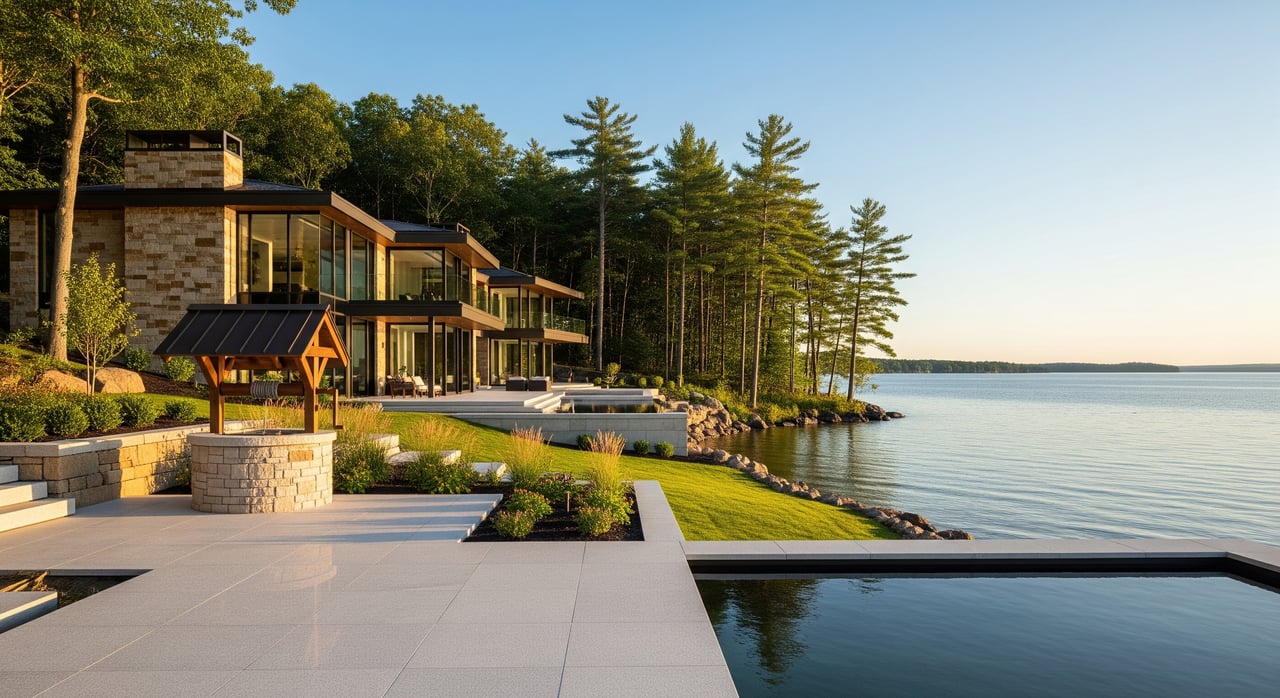 Modern stone-and-glass lakeside home with a terrace, small well, and infinity pool beside pine trees.