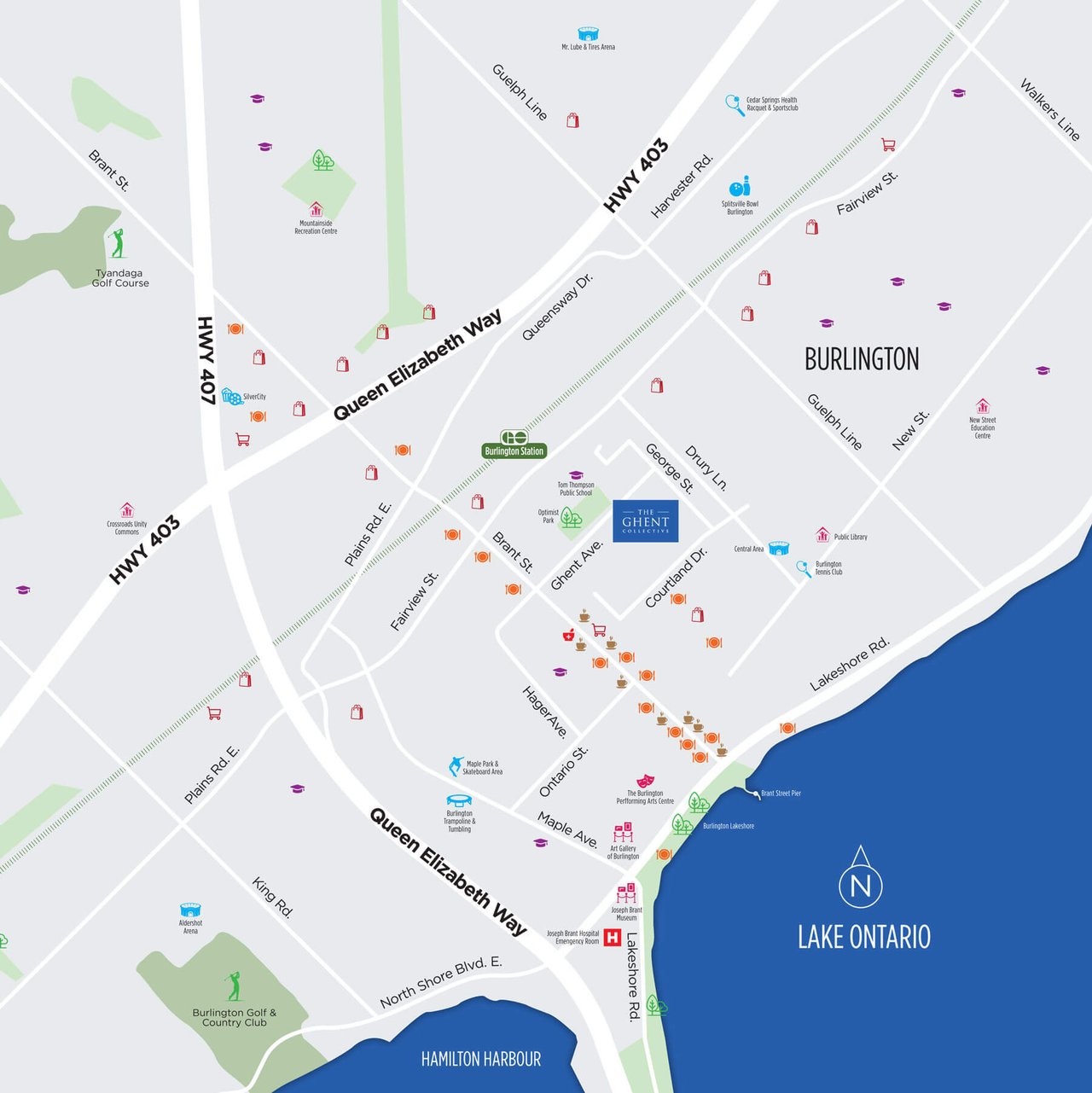 Map marking The Ghent Collective in Burlington, with nearby roads, landmarks, Lake Ontario, and Hamilton Harbour.