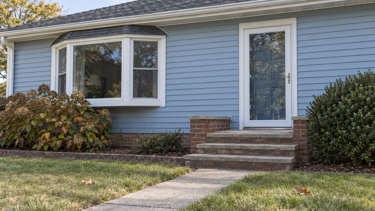 Denim-blue raised ranch with a white-trimmed bay window, brick entry steps and an autumn front lawn.